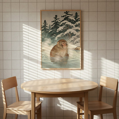 Japanese snow monkey print above dining table on minimalist tiled wall