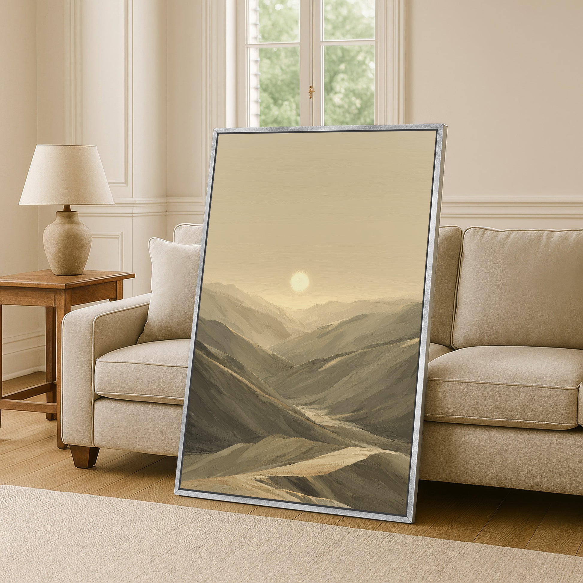 Desert mountains in a contemporary living room with a silver floater frame.