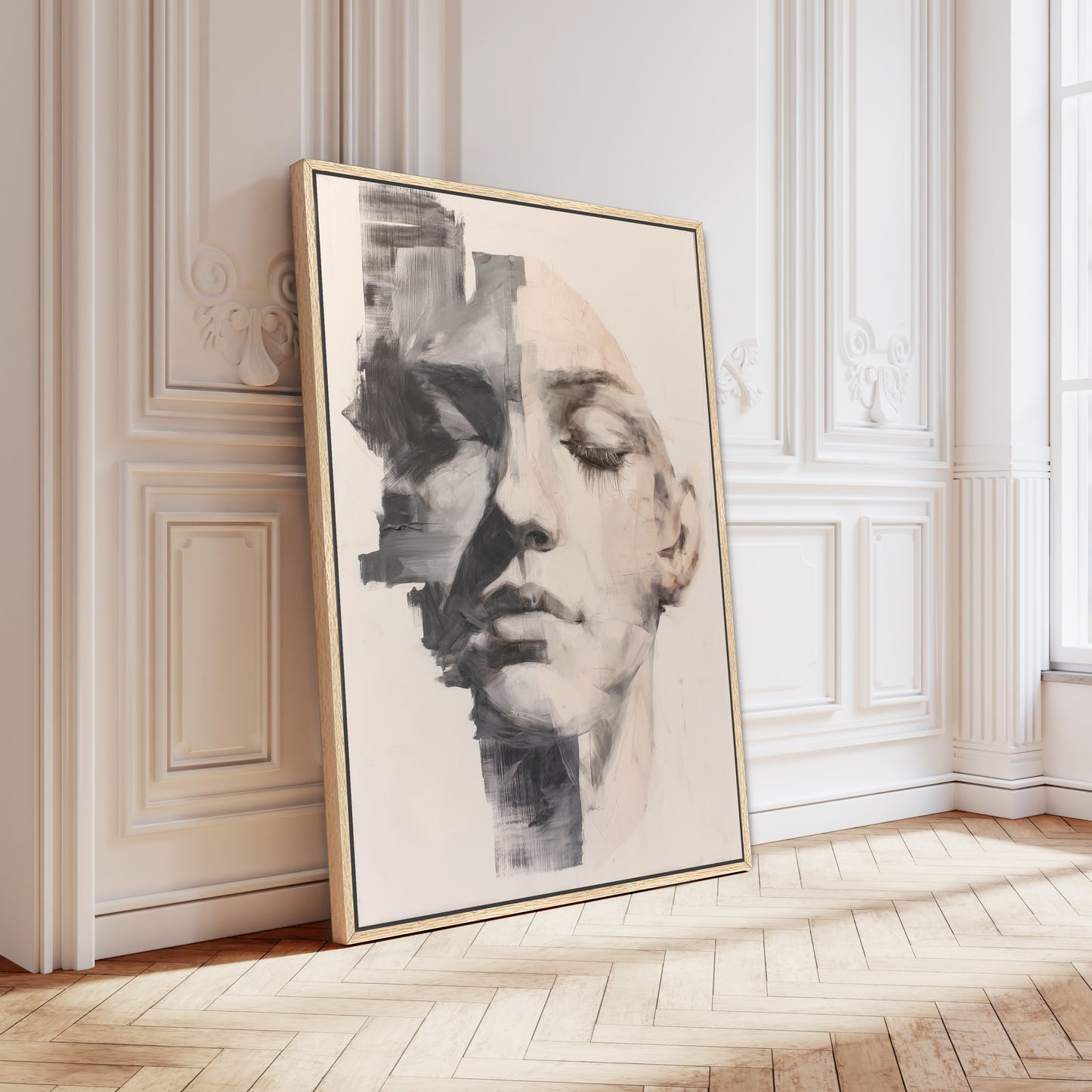 Large oversized framed canvas wall art in oak frame.