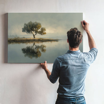 Still Water Reflection tree canvas print being hung on wall