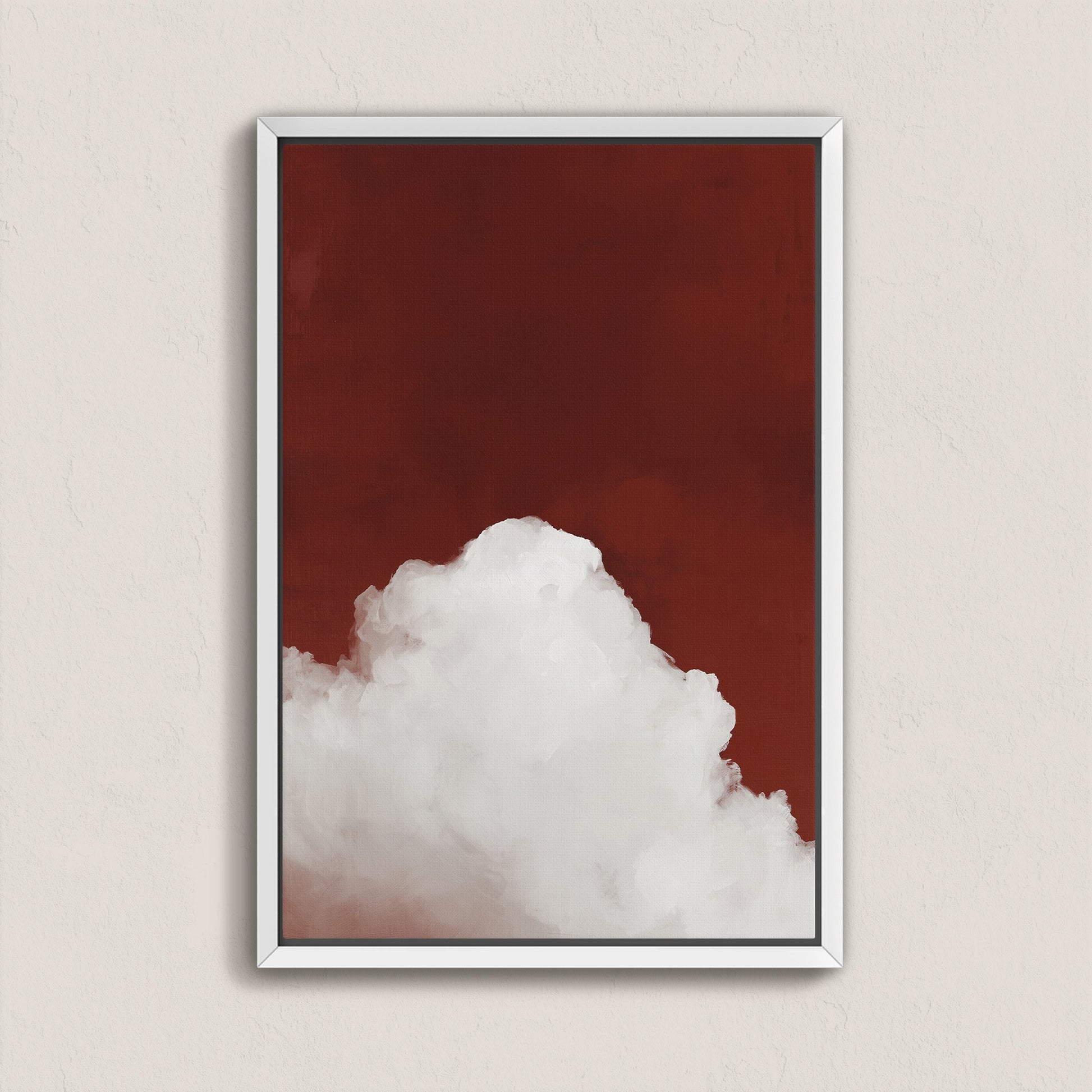 Eclipse canvas print featuring soft white cloud against deep red background in minimalist silver frame