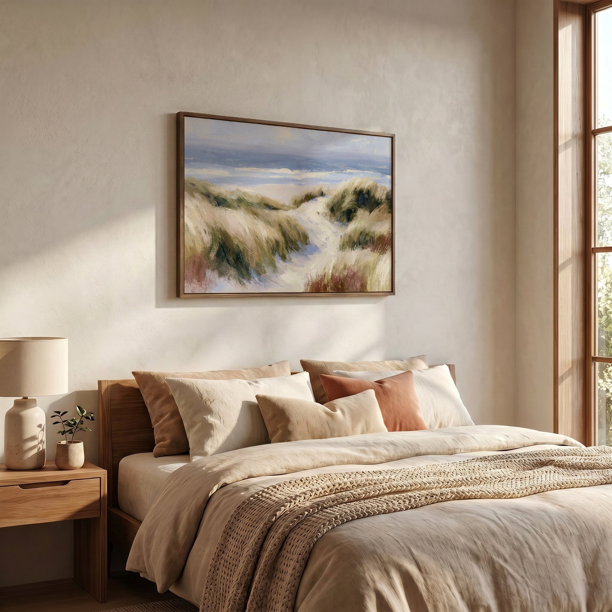 a serene bedroom scene with a large bed adorned with beige bedding and a framed landscape painting hanging above it. The painting features a beach scene with sand dunes and a body of water, creating a tranquil and inviting atmosphere.