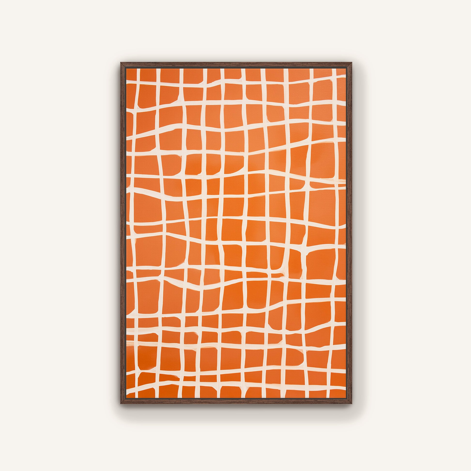 a square-shaped frame with a grid-like pattern of orange and white squares.