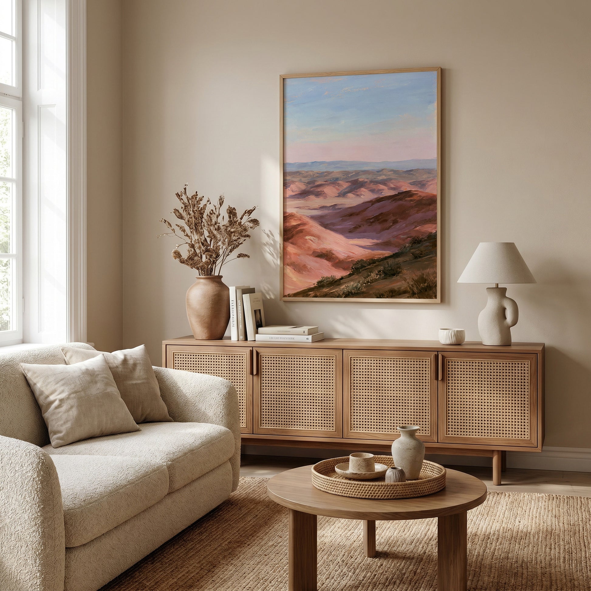 a cozy living room with a large painting of a mountainous landscape hanging on the wall. The room is furnished with a beige sofa, a wooden sideboard, and a round coffee table. The room is decorated with various items, including a vase, a lamp, and a book, creating a warm and inviting atmosphere.