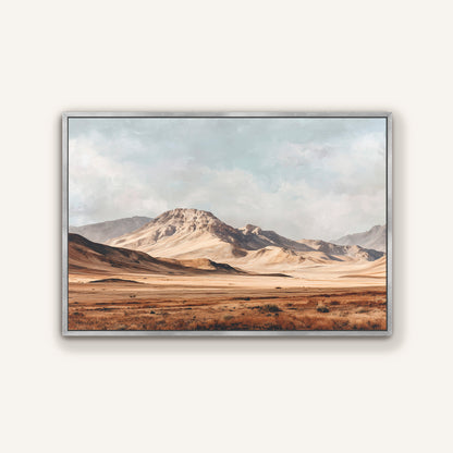 a vast, arid landscape with rolling hills and mountains in the distance, under a cloudy sky.