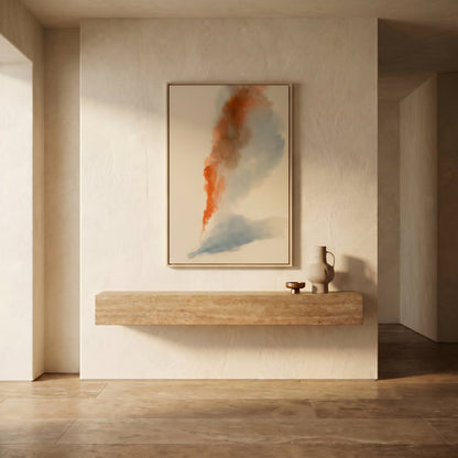 a minimalist interior design with a large abstract painting hanging on a white wall above a wooden shelf. The painting has a mix of orange and blue colors, creating a vibrant and dynamic visual element. The wooden shelf below the painting adds a touch of warmth and texture to the space.