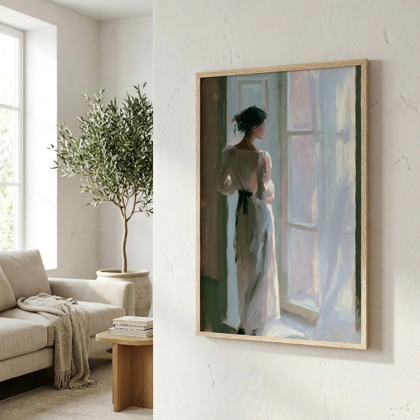 a woman standing near a window, looking out onto a balcony or garden.