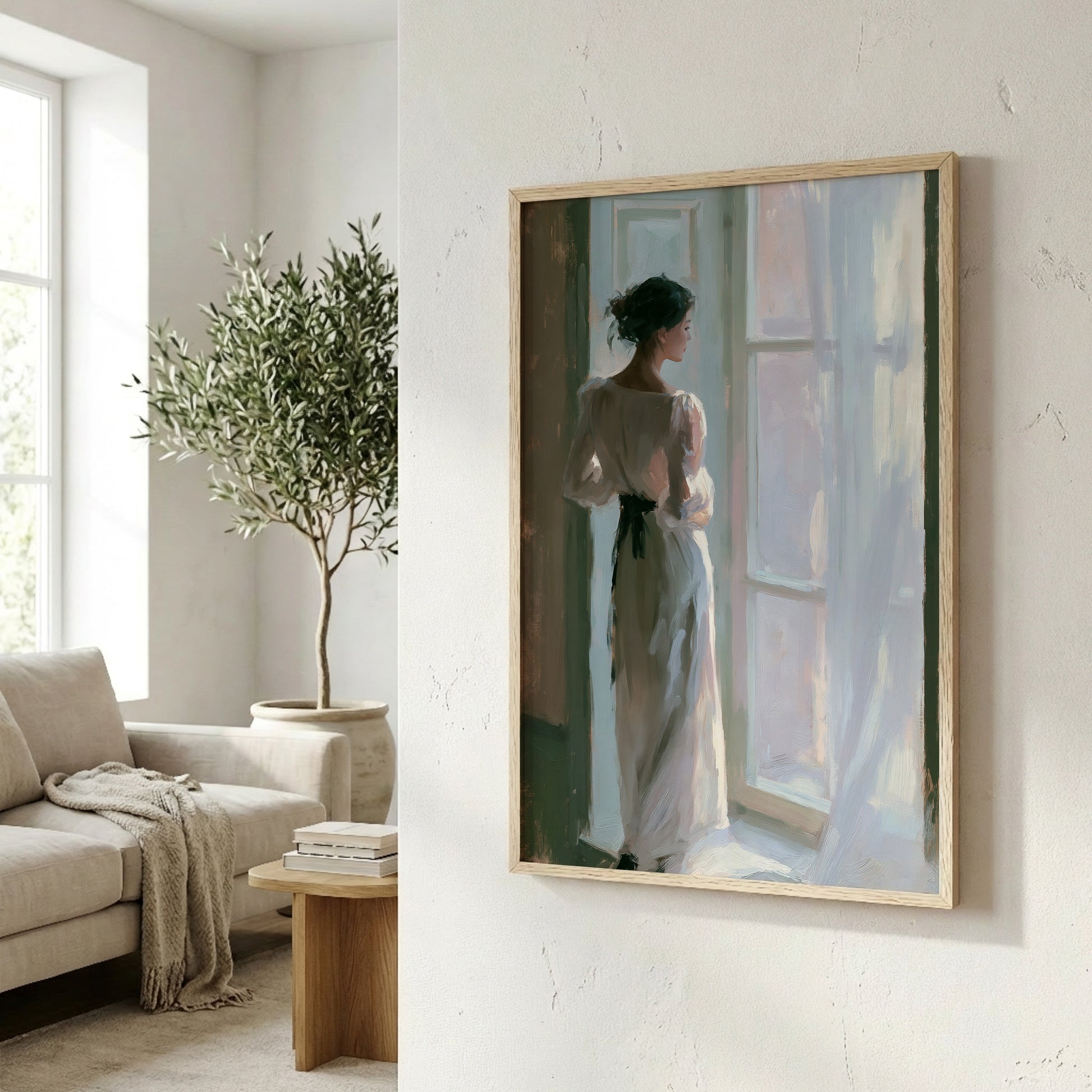 a woman standing near a window, looking out onto a balcony or garden.