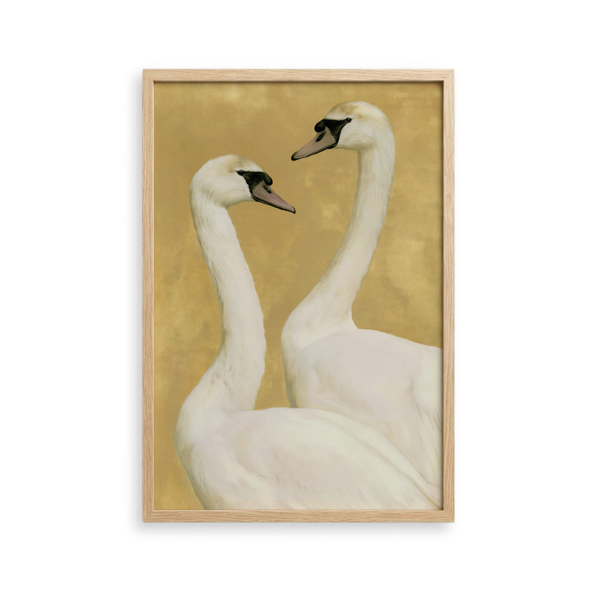 Two elegant white swans with long necks and black beaks are depicted in a framed artwork against a golden background.