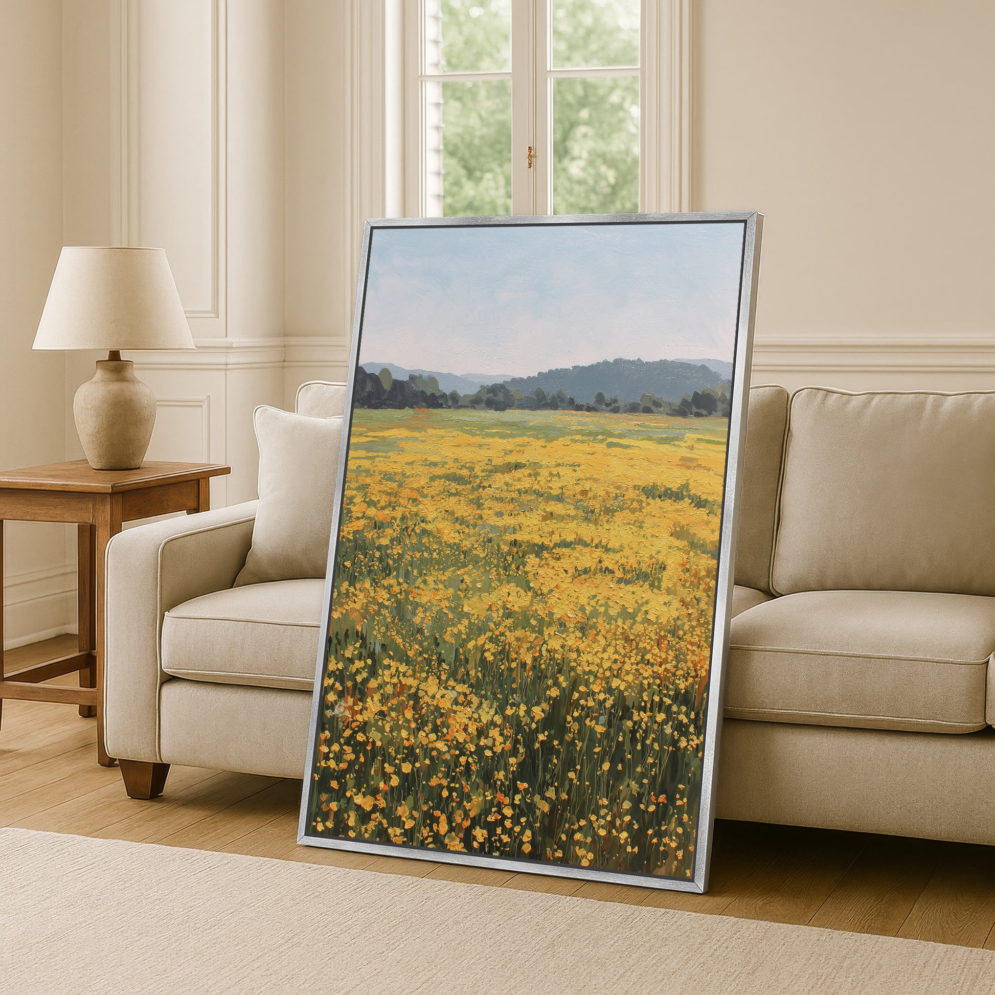 a large framed painting of a field of yellow flowers, placed on a wooden floor in a living room setting with a couch and a lamp.