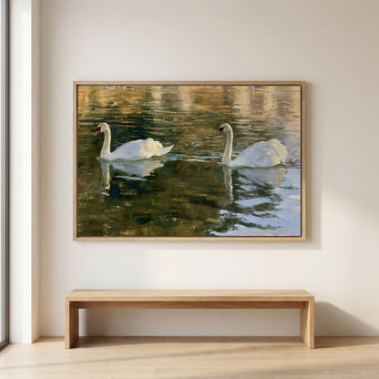 two white swans swimming in a body of water, as depicted in a framed painting hanging on a wall.