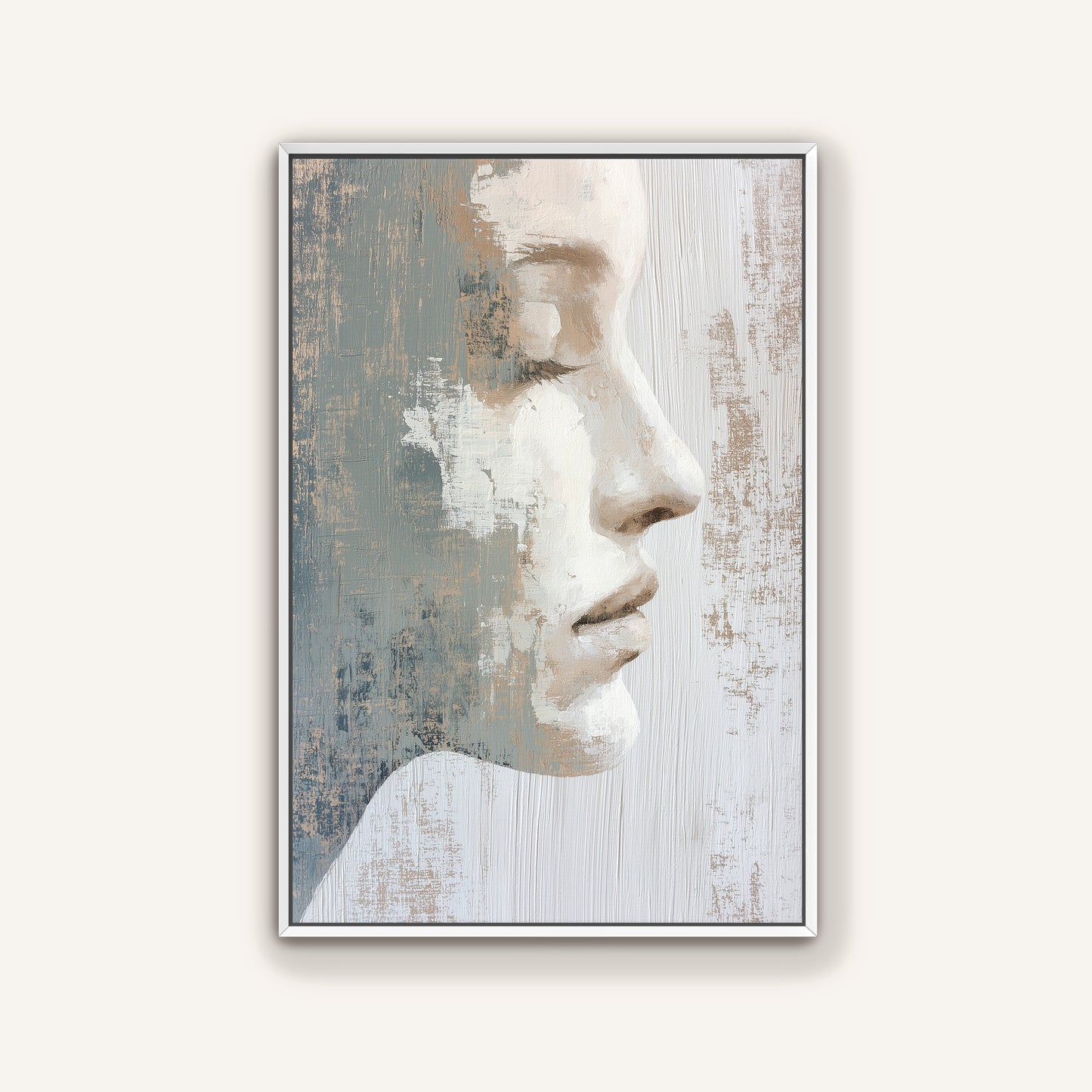 The image is a framed painting depicting a close-up profile view of a person's face, with a textured background.