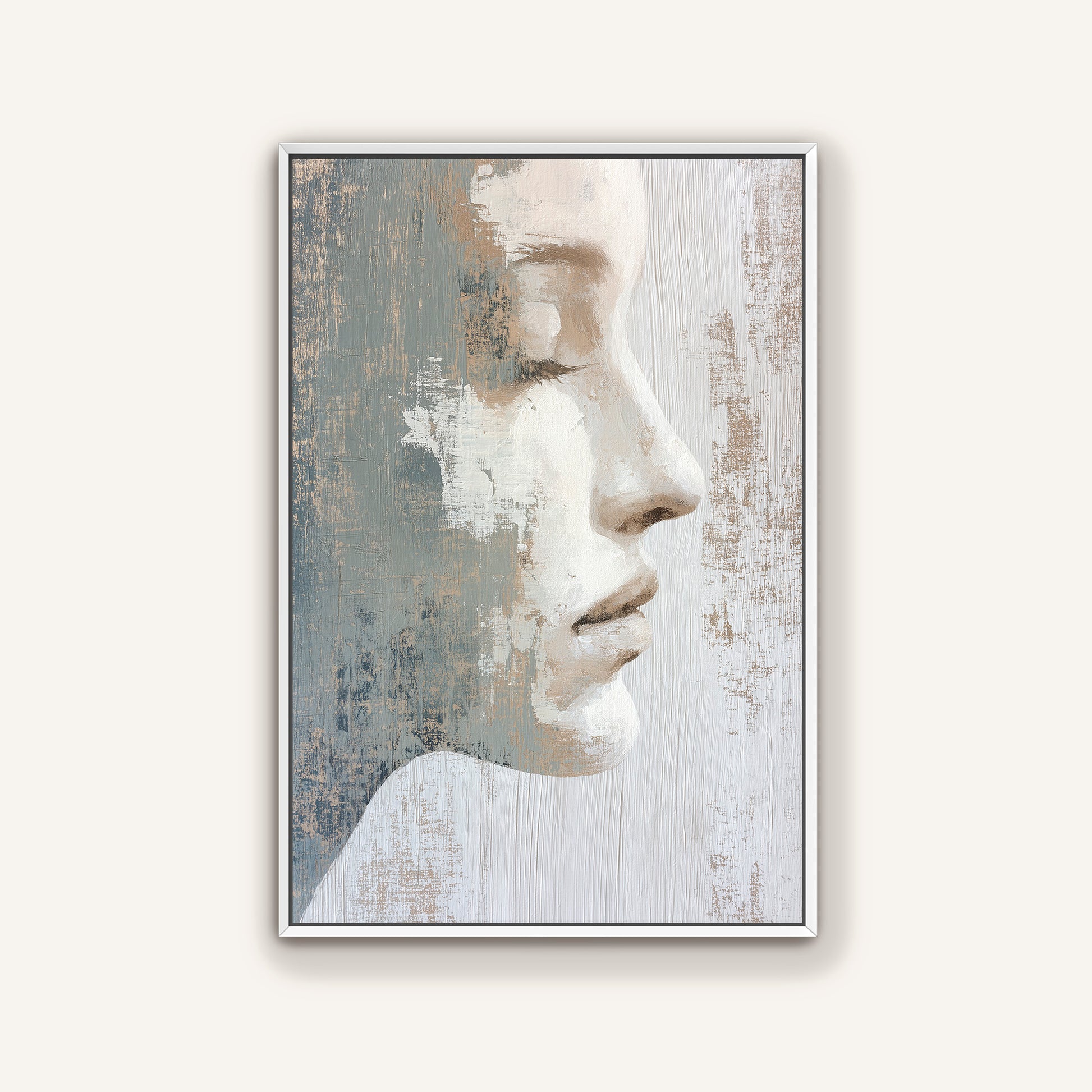 The image is a framed painting depicting a close-up profile view of a person's face, with a textured background.