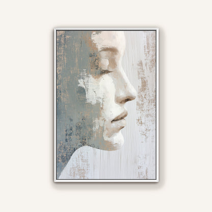 The image is a framed painting depicting a close-up profile view of a person's face, with a textured background.