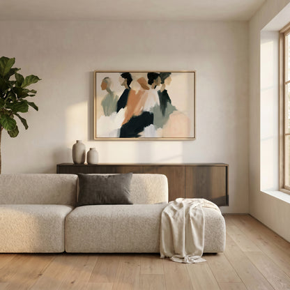 a modern living room with a large abstract painting hanging on the wall above a beige sofa. The sofa is positioned in front of a wooden cabinet, and there is a plant on the left side of the room. The overall color scheme and arrangement of the furniture and artwork create a cohesive and stylish atmosphere.
