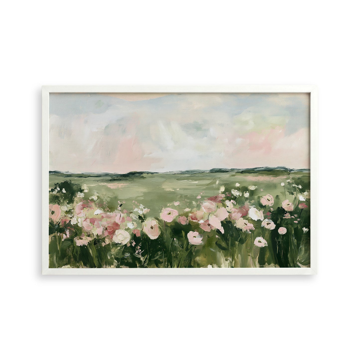 The image is a painting of a field filled with pink and white flowers, set against a cloudy sky.