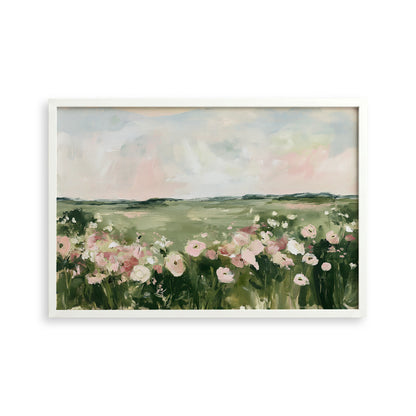 The image is a painting of a field filled with pink and white flowers, set against a cloudy sky.