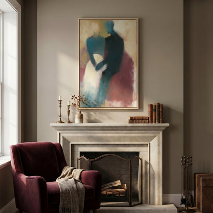 a cozy living room with a fireplace, a red armchair, and a framed abstract painting hanging above the fireplace.