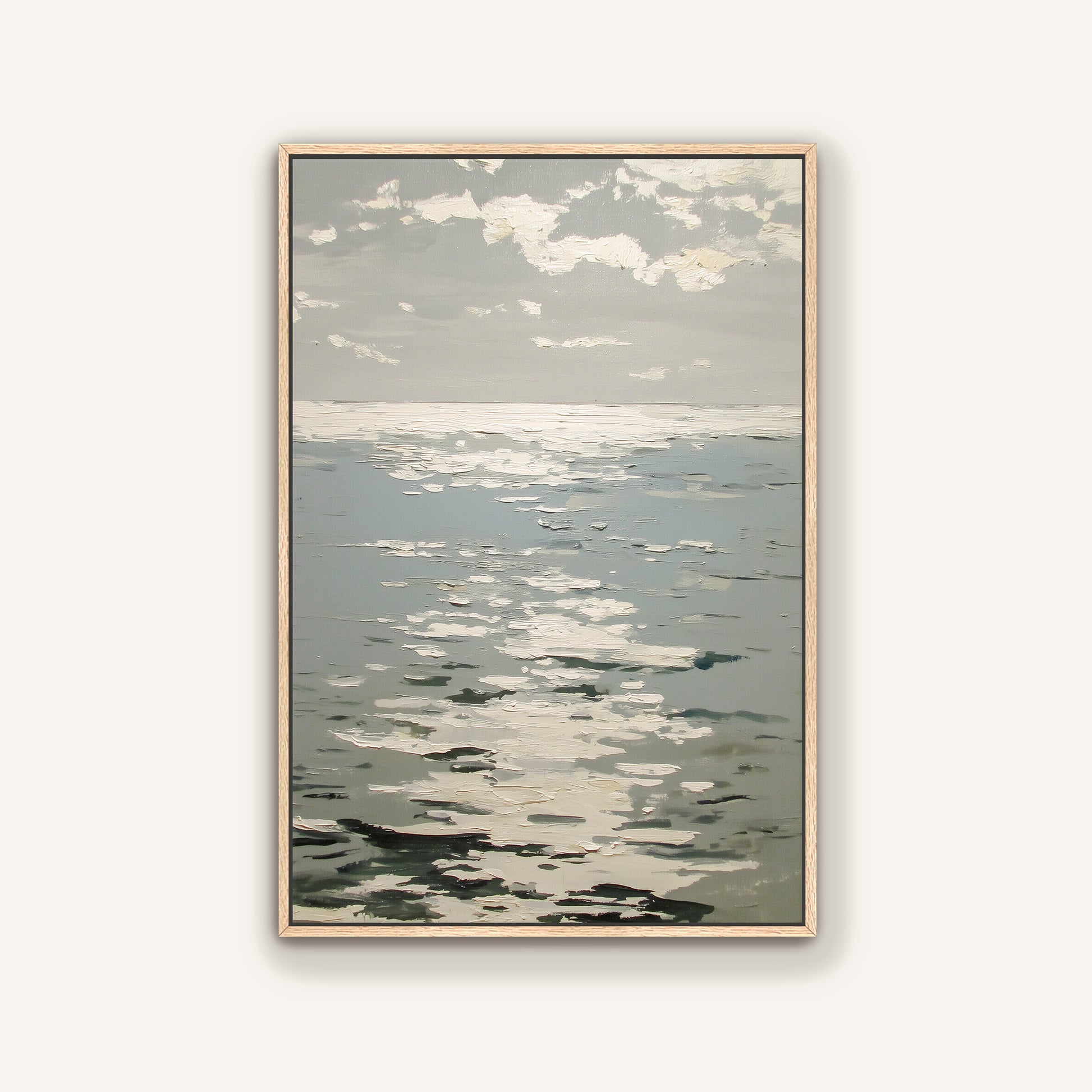 The image is a painting depicting a serene ocean scene with a cloudy sky above.