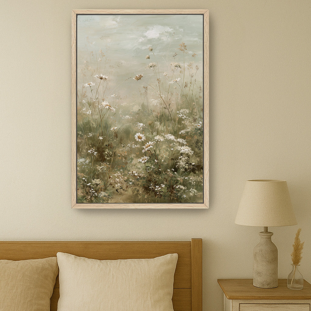 a serene bedroom scene with a large painting of a field of flowers hanging on the wall above a bed with a wooden headboard.