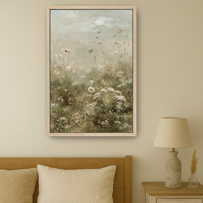 a serene bedroom scene with a large painting of a field of flowers hanging on the wall above a bed with a wooden headboard.