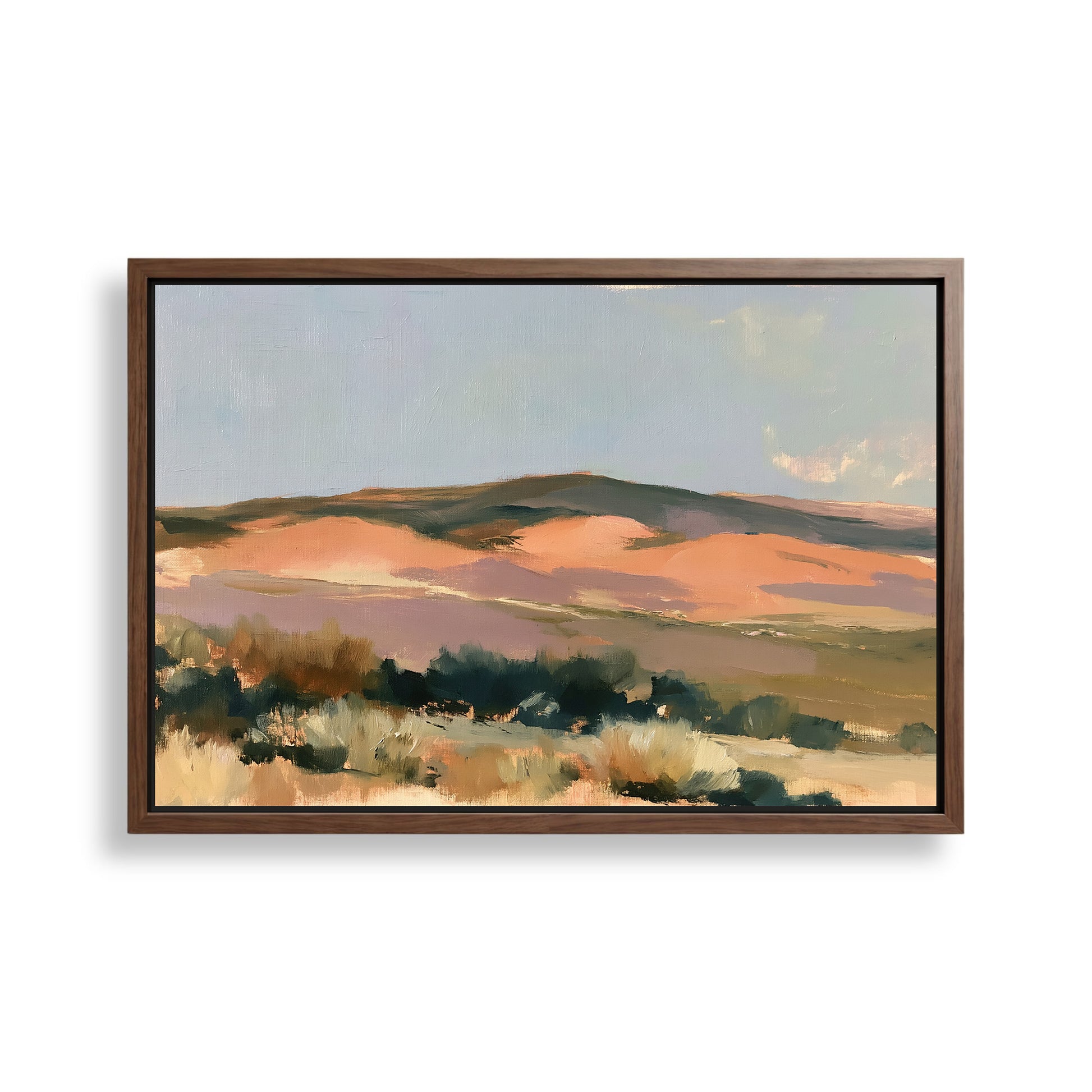 The image is a framed painting depicting a landscape with rolling hills and a clear blue sky.