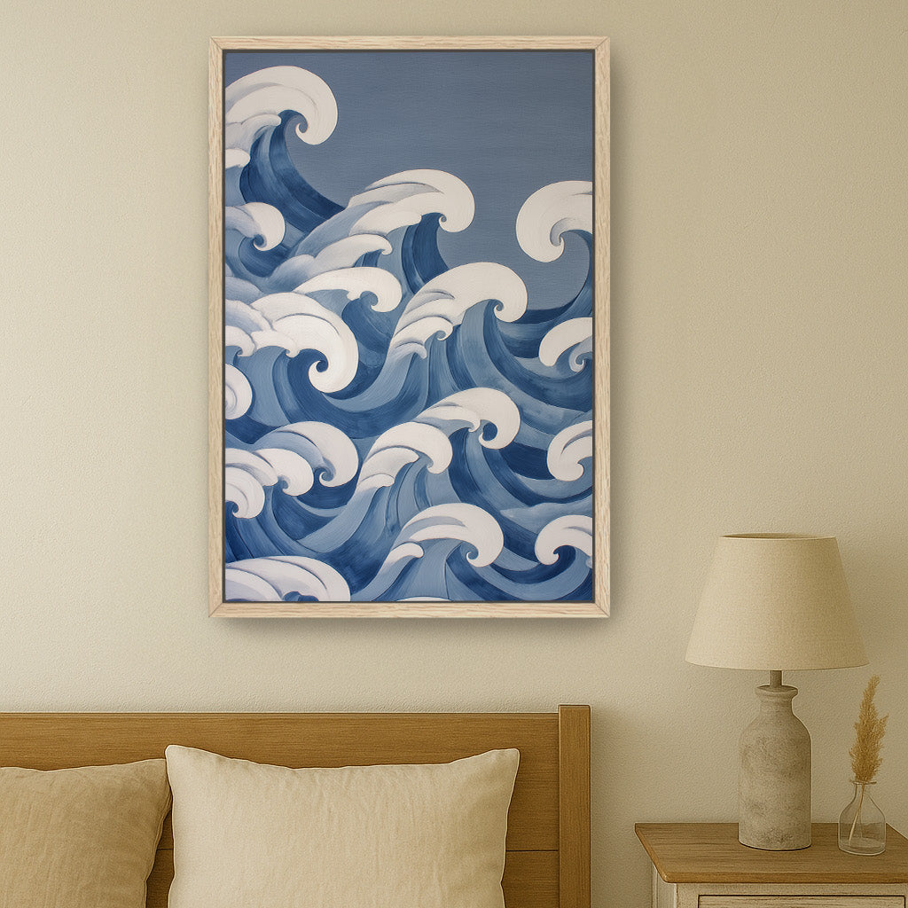 a serene bedroom scene with a large blue and white wave painting hanging on the wall above a bed with a wooden headboard.