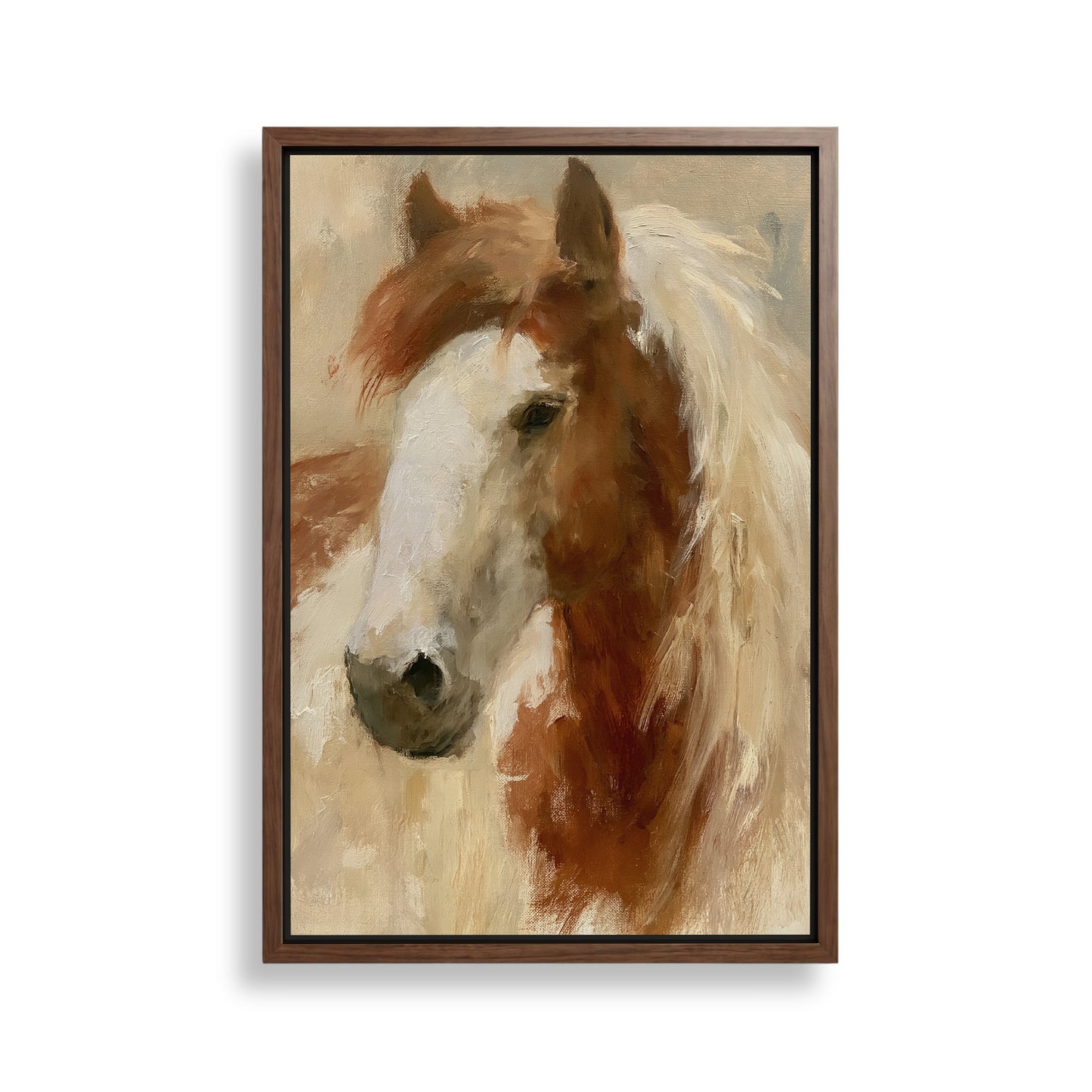 The image is a framed painting depicting the head of a horse, with a warm and earthy color palette.