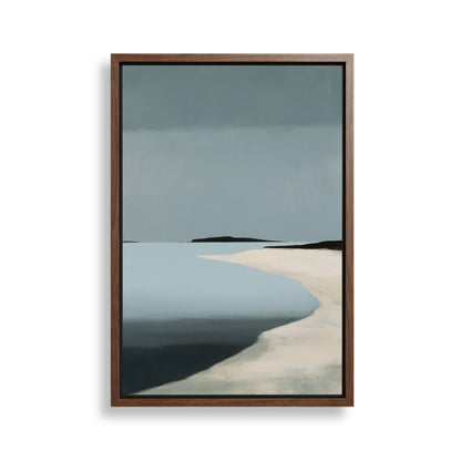 The image is a framed painting depicting a serene beach scene with a calm body of water and a sandy shoreline.