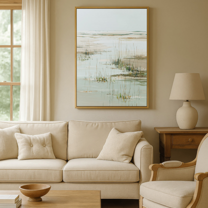 a cozy living room with a large window, a beige sofa, a wooden coffee table, and a framed landscape painting on the wall.