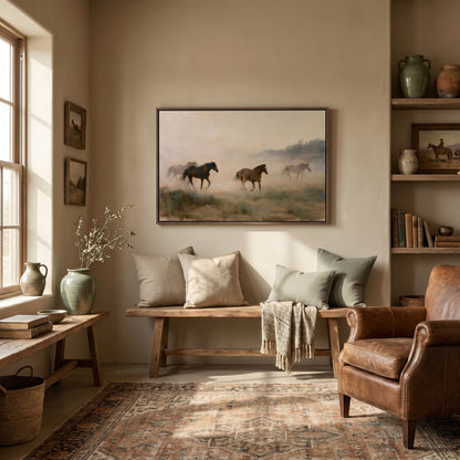 a cozy living room with a large painting of horses on the wall, a wooden bench, a leather armchair, and a bookshelf filled with books.