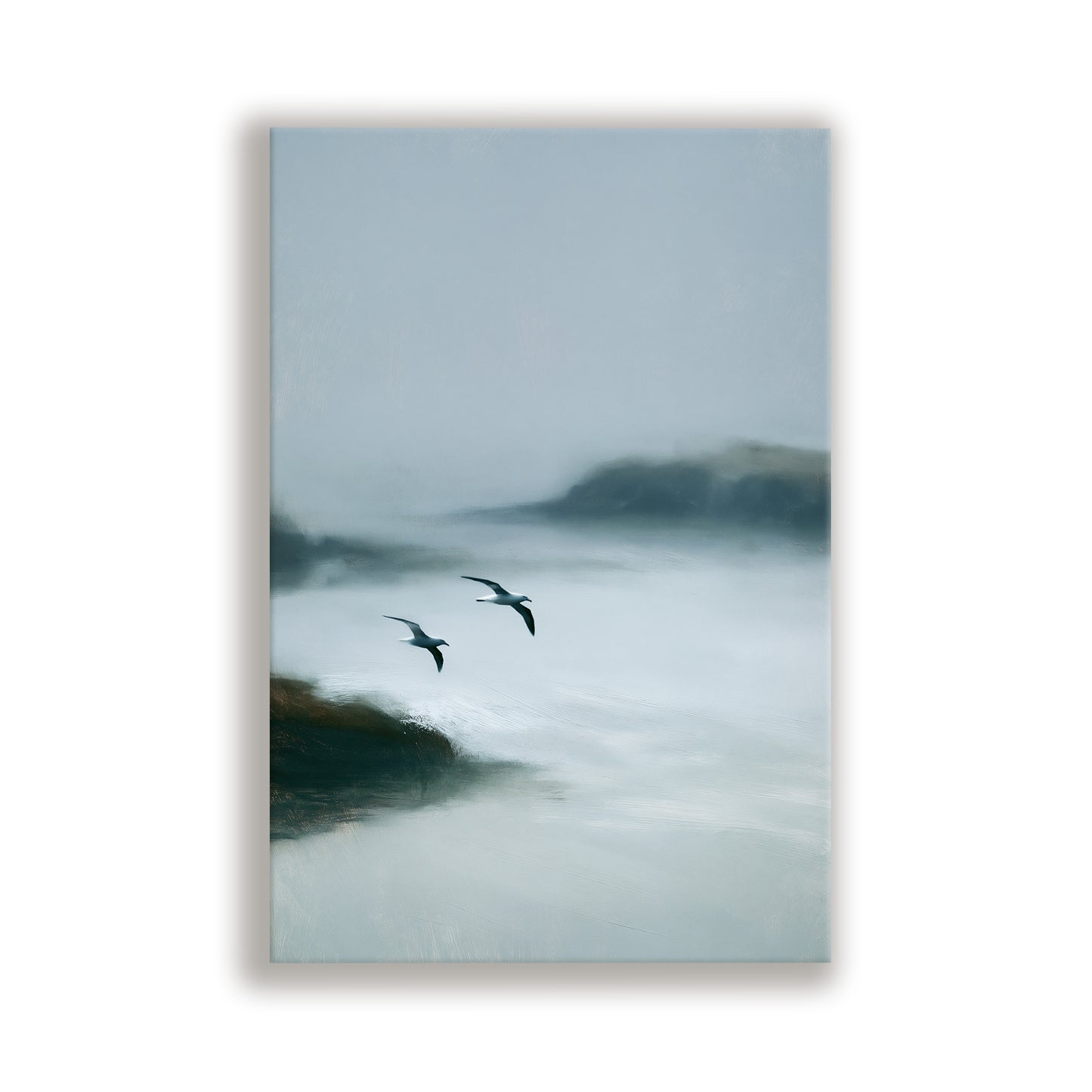 Two birds flying over a misty, foggy landscape.