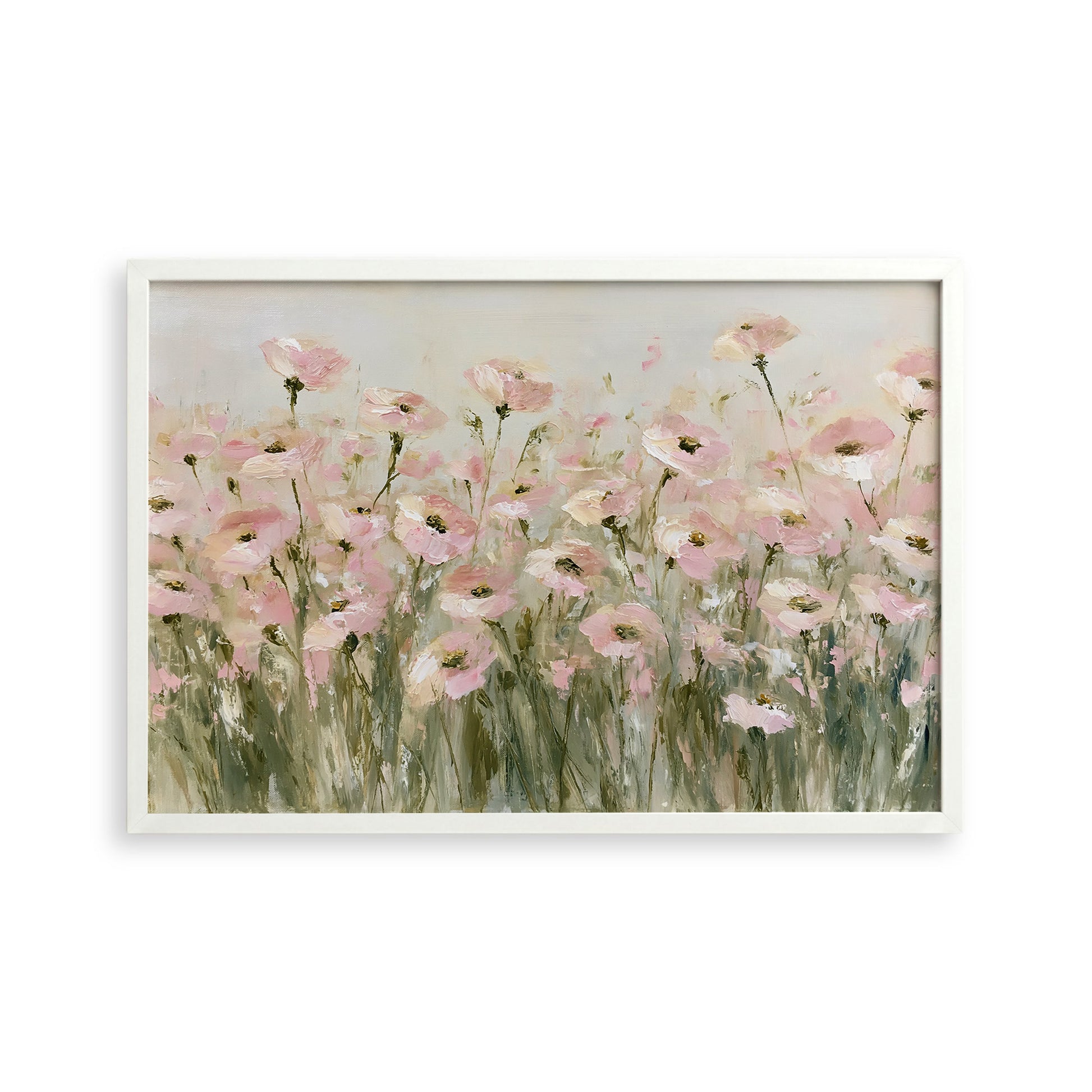 The image is a painting of a field of pink flowers.