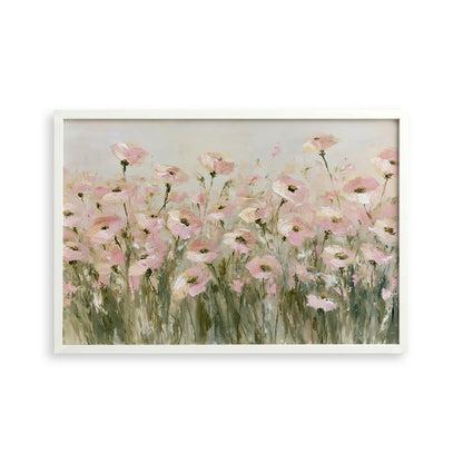 The image is a painting of a field of pink flowers.