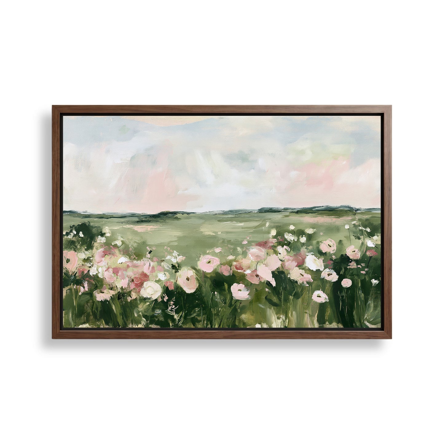 The image is a framed painting depicting a field of flowers with pink and white blooms.