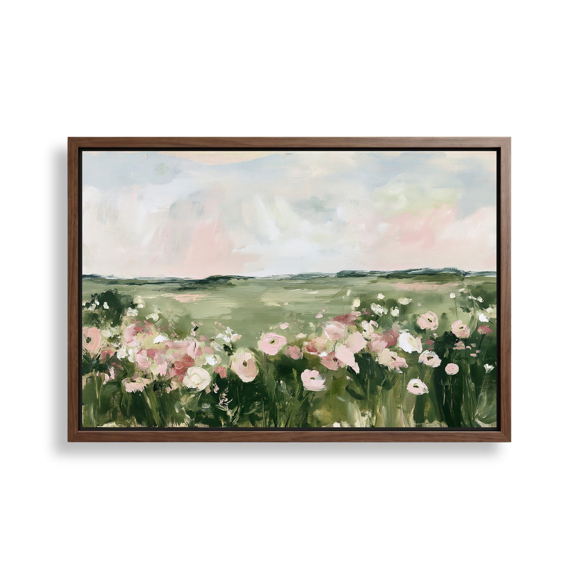 The image is a framed painting depicting a field of flowers with pink and white blooms.