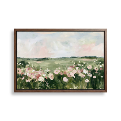 The image is a framed painting depicting a field of flowers with pink and white blooms.