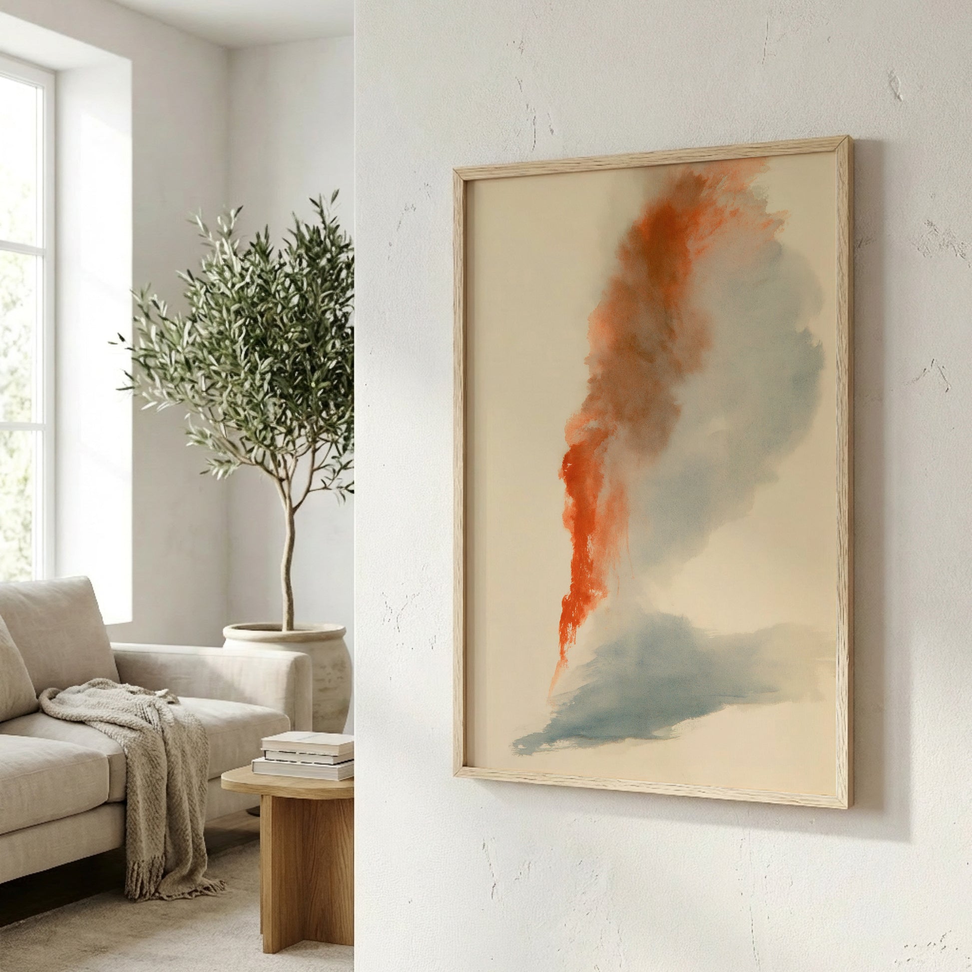a living room with a large abstract painting hanging on the wall, a sofa, a potted plant, and a wooden side table.