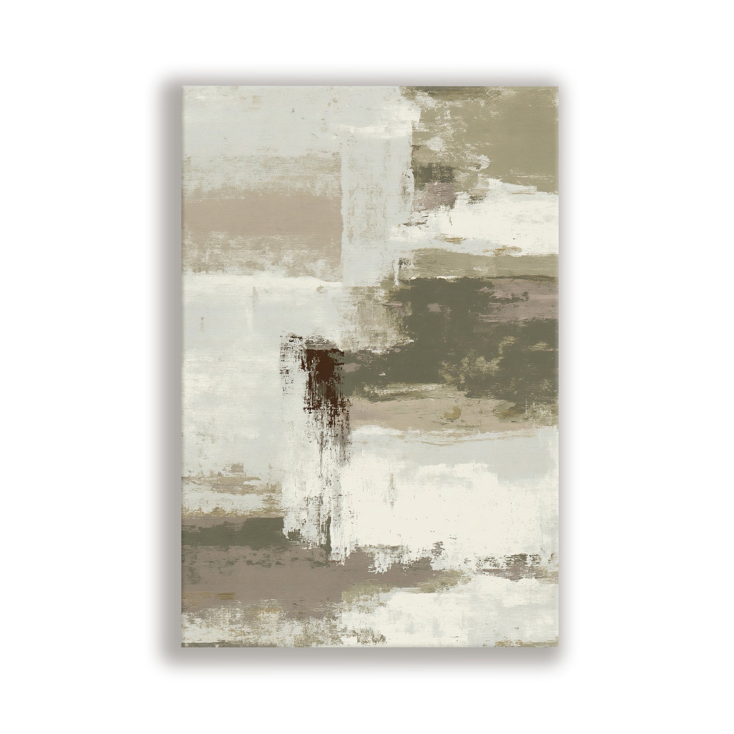 The image is an abstract painting with a predominantly white and brown color palette. The painting features various brushstrokes and textures, creating a sense of depth and movement.
