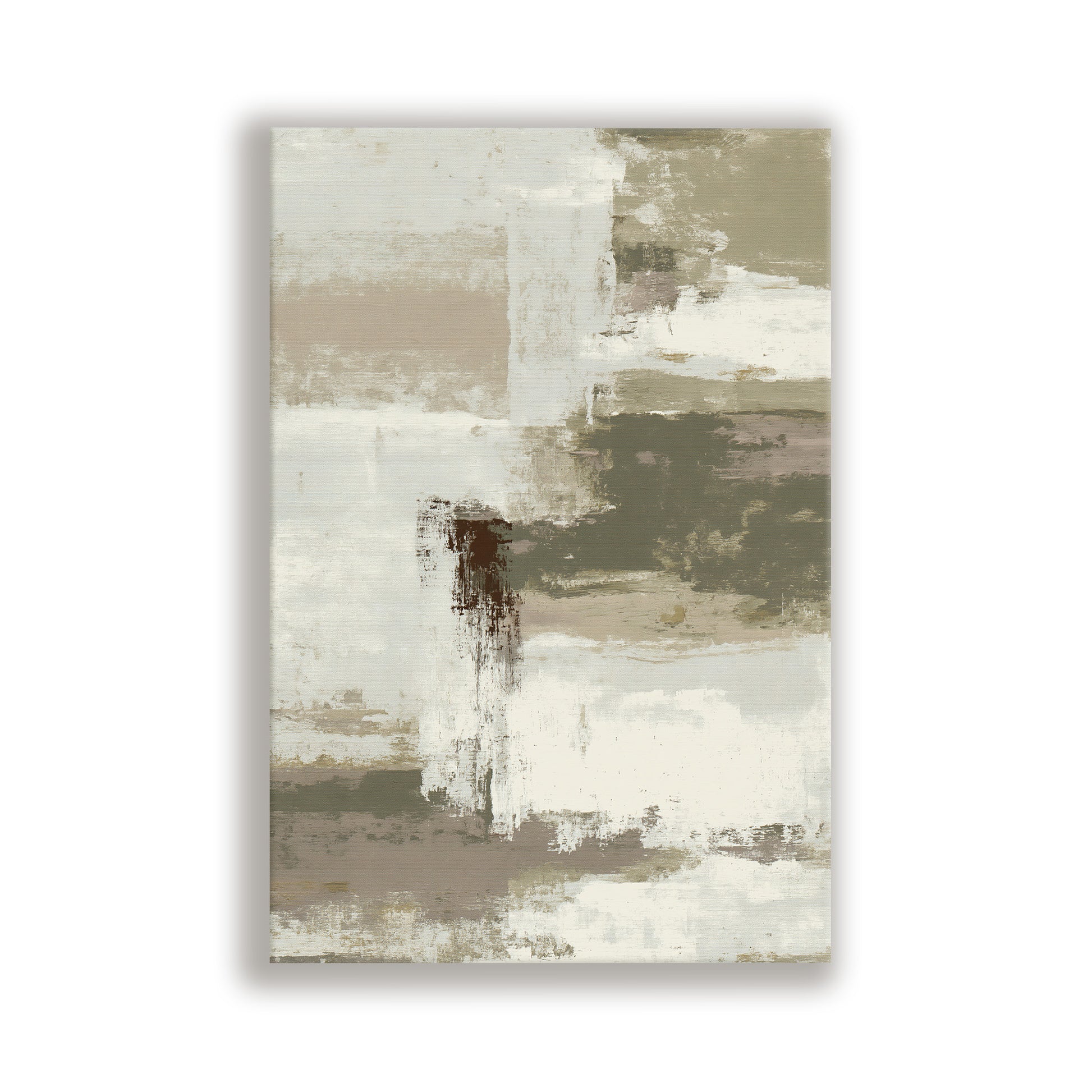 The image is an abstract painting with a predominantly white and brown color palette. The painting features various brushstrokes and textures, creating a sense of depth and movement.