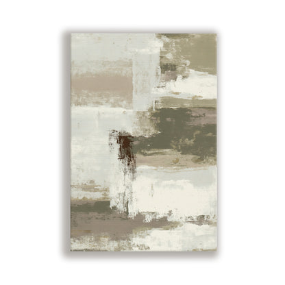 The image is an abstract painting with a predominantly white and brown color palette. The painting features various brushstrokes and textures, creating a sense of depth and movement.