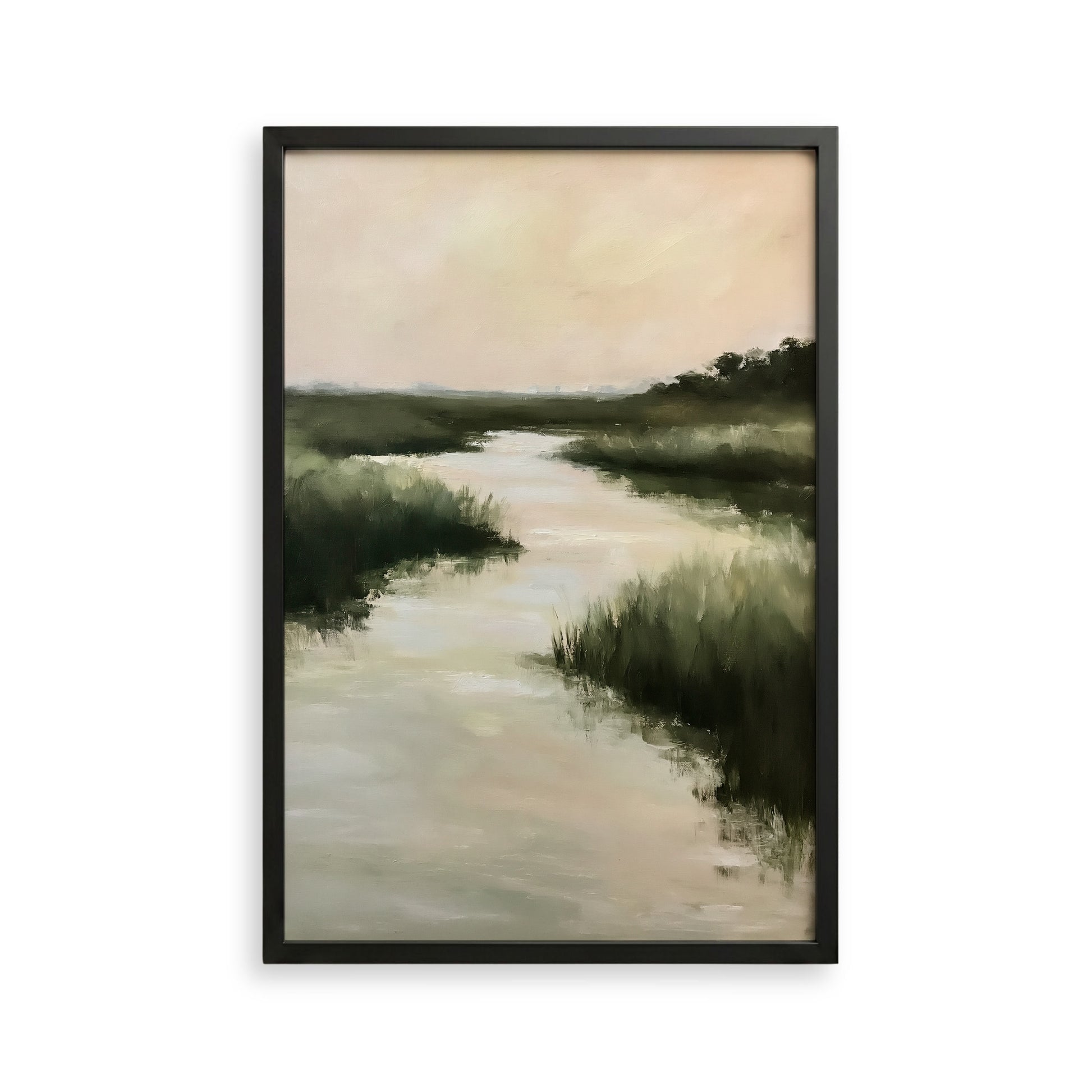 The image is a framed painting depicting a serene landscape with a river or stream flowing through a lush, green environment.