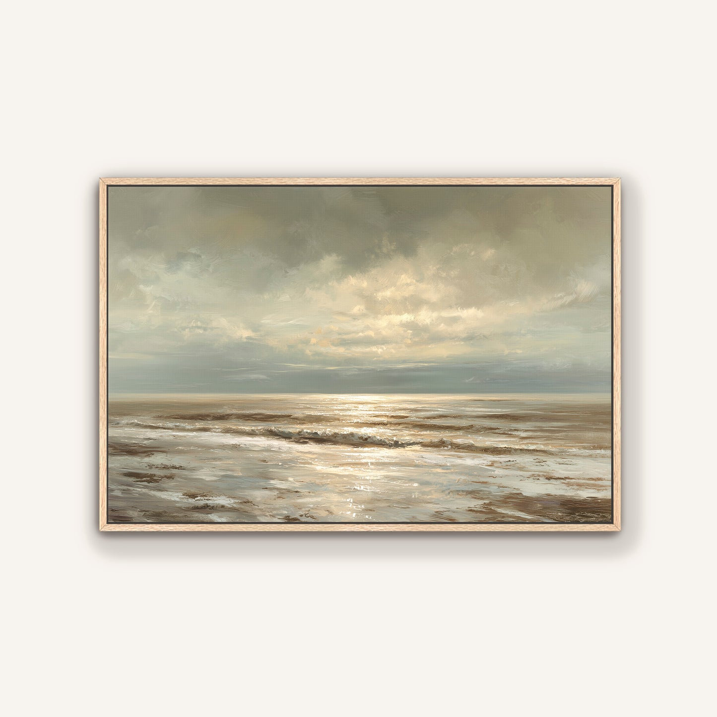 The image is a painting depicting a serene ocean scene with a cloudy sky above.