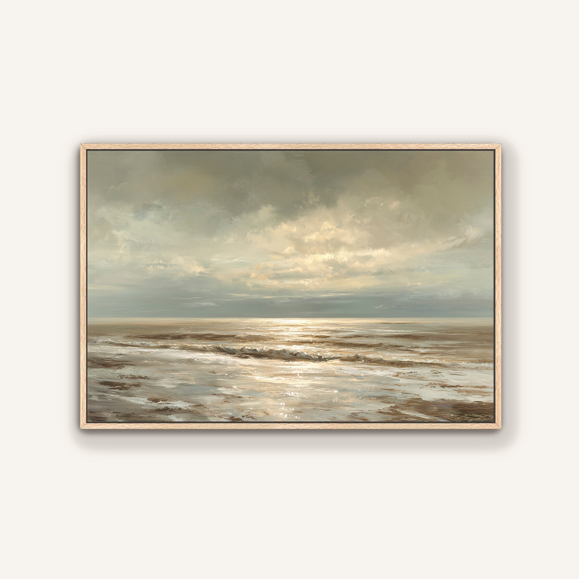 The image is a painting depicting a serene ocean scene with a cloudy sky above.
