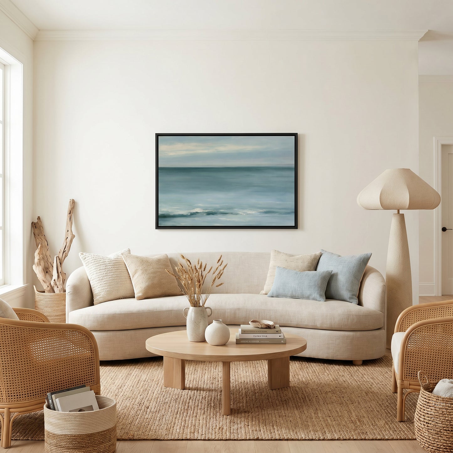 a serene living room with a large painting of a calm ocean scene hanging on the wall. The room is furnished with a beige sofa, a wooden coffee table, and a woven chair. The overall decor has a minimalist and coastal theme, with natural elements such as a vase of dried flowers and a potted plant adding to the ambiance.