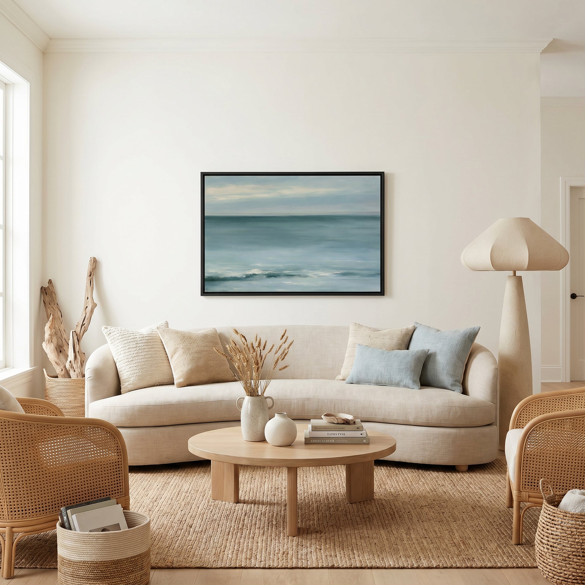 a serene living room with a large painting of a calm ocean scene hanging on the wall. The room is furnished with a beige sofa, a wooden coffee table, and a woven chair. The overall decor has a minimalist and coastal theme, with natural elements such as a vase of dried flowers and a potted plant adding to the ambiance.
