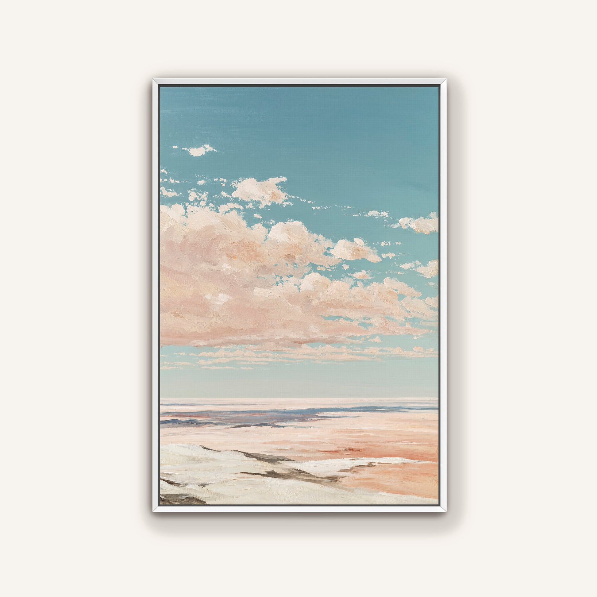 The image is a framed painting depicting a serene landscape with a blue sky, fluffy white clouds, and a sandy beach in the foreground.