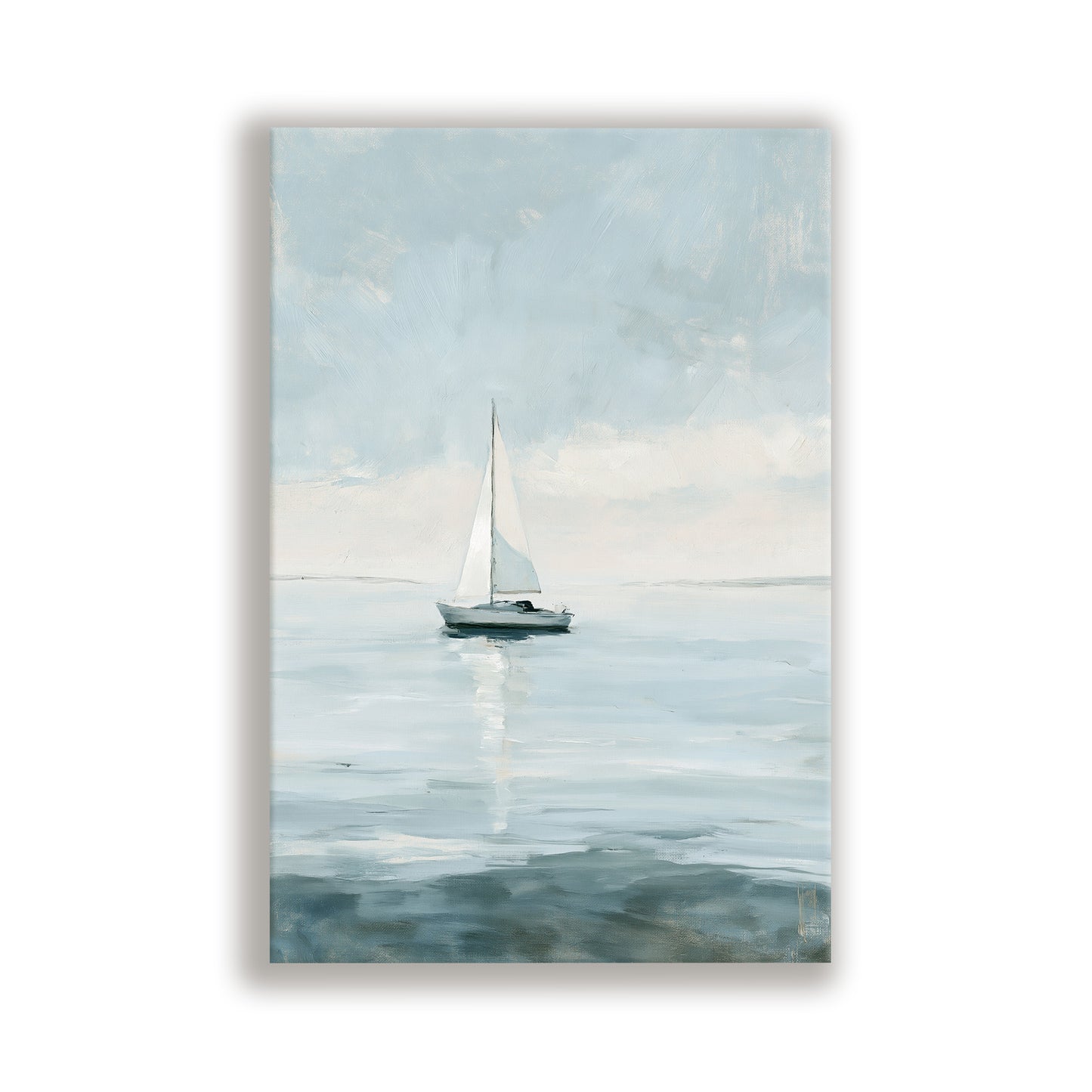 A white sailboat is sailing on a calm body of water under a cloudy sky.