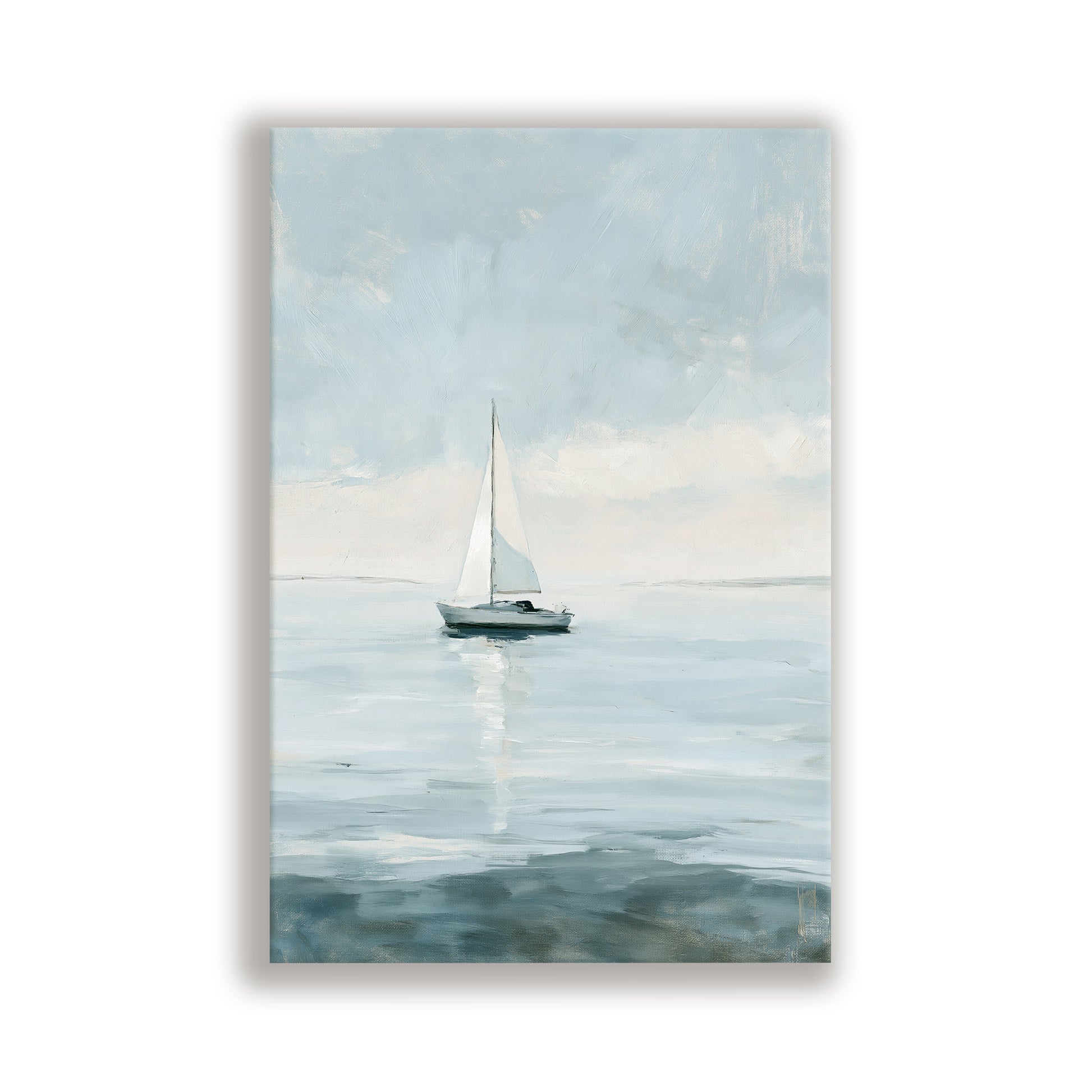 A white sailboat is sailing on a calm body of water under a cloudy sky.