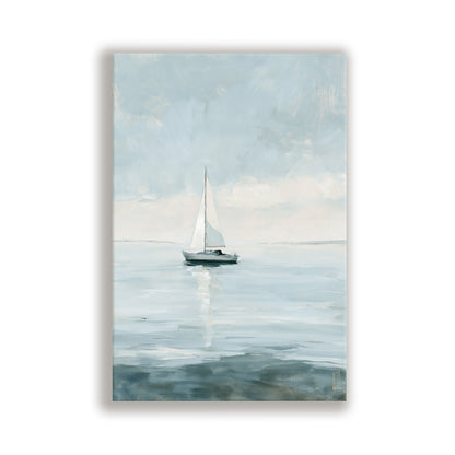 A white sailboat is sailing on a calm body of water under a cloudy sky.
